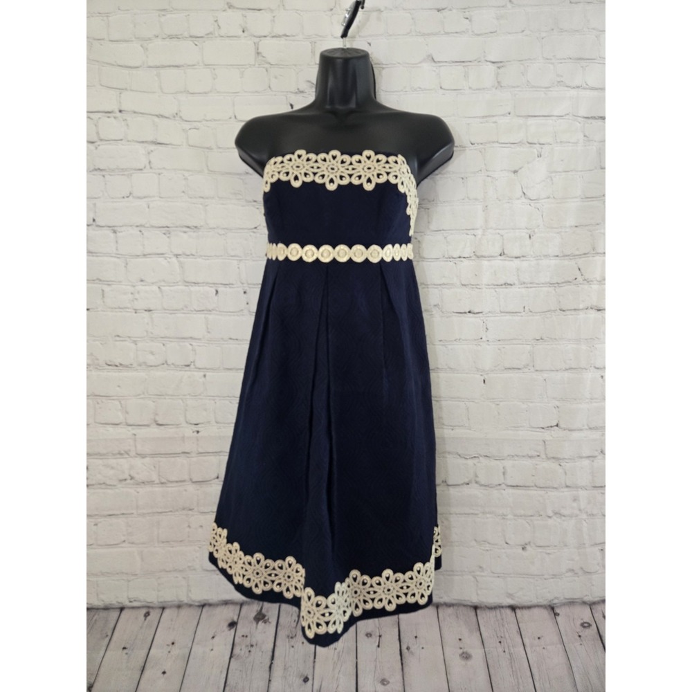 Y2k Lilly Pulitzer Navy Gold Strapless Jacquard Shoulderless Lined Dress Size 0